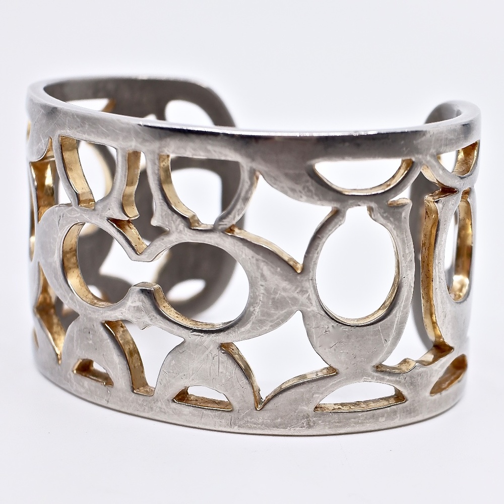 COACH~signature "c" cut out~WIDE BANGLE CUFF BRACELET~silver/gold
